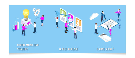 3D isometric Digital Marketing concept for business and social media marketing, mobile advertising, content marketing, Business analysis, content strategy, and management. Vector illustration eps10