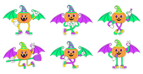 Vintage Halloween pumpkin character design. Halloween pumpkin character set in cartoon comic style. Halloween pumpkin character with different emotions and face expressions. 