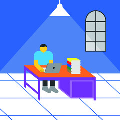 Illustration of a man working late at night doing office work with several stacks of books and the light of a night lamp.