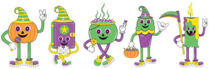 Vintage Halloween character design. Halloween set of patches in cartoon comic style. Halloween character with different emotions and face expressions. Halloween sticker pack.