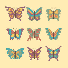 Set of colorful groovy butterflies in retro style 70s on beige background.