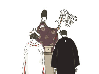 大幣を持った斎主と、和装の新郎新婦（修祓の儀）、角隠し

