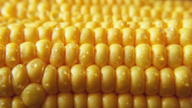 Close-up ripe peeled corn cobs in sunlight, sliding shot. Texture of fresh corn, selective focus, macro. Vegan food, healthy lifestyle, sustainable resources. Thanksgiving day background.