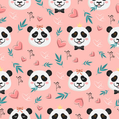 Seamless pattern funny panda and hearts in vector. Children's gentle background head of a teddy bear for textiles, postcards, clothes. Animal mascot in flat style.