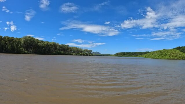 Boat moving through the Tempisque River with beautiful landscape of rainforest , POV view from boat in Guanacaste region. Costa Rica
