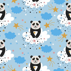 Seamless pattern with cute panda hugging clouds and stars. Background for kids with teddy bears on the sky in vector. Suitable for children's textiles, fabrics, wrapping paper, postcards.