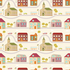 Seamless pattern with cute town print Flat