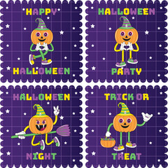 Halloween pumpkin character set in cartoon comic style. Halloween pumpkin character set in cartoon comic style. Halloween Badges, Label, Stamp and Postage. Halloween cartoon characters sticker pack.