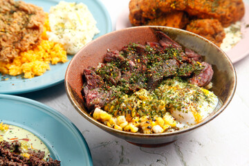 Freshly cooked steak rice toppings