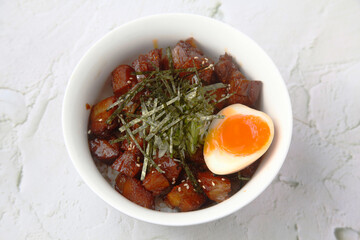 Freshly cooked Japanese food called Pork Chasu Don