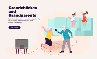 Landing webpage template with Grandparents spending time with grandchildren