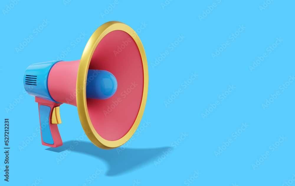 Poster multicolored megaphone on blue background with space for text. sound amplification device. 3d render