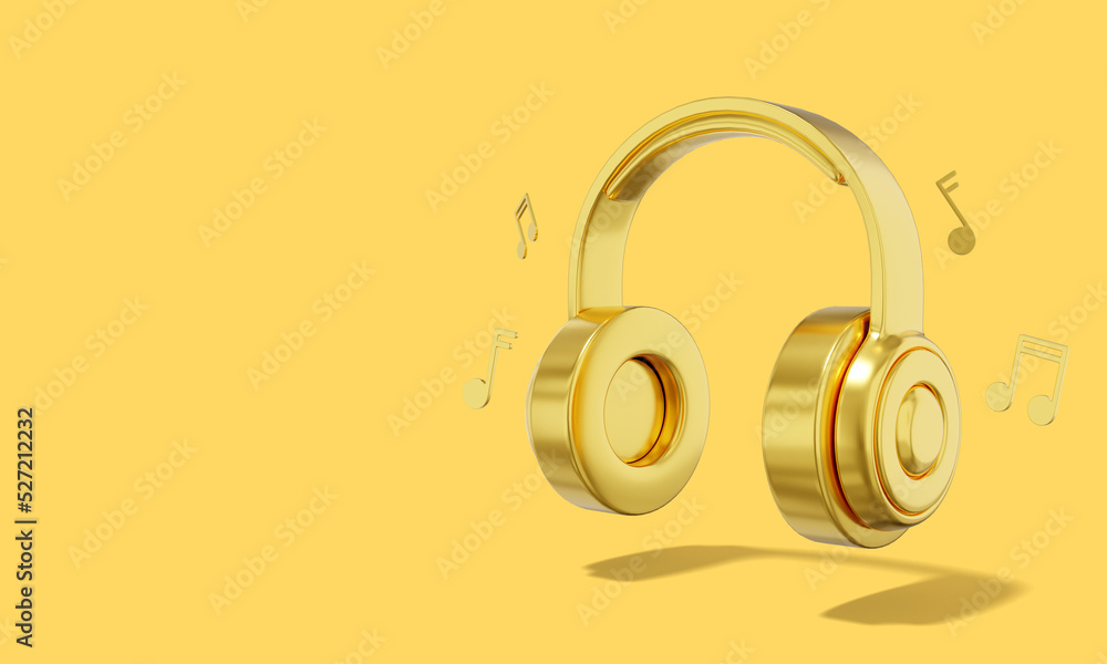 Poster realistic golden headphones with musical notes on yellow background with space for text. 3d renderin