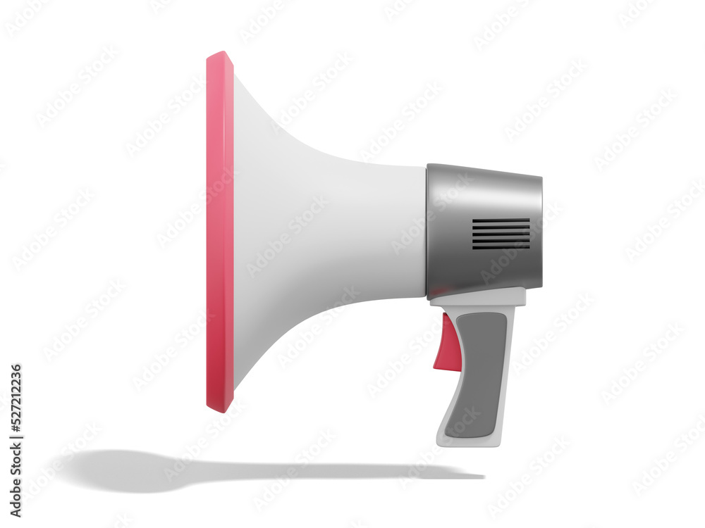 Poster 3d rendering. realistic megaphone isolated on white background. side view.