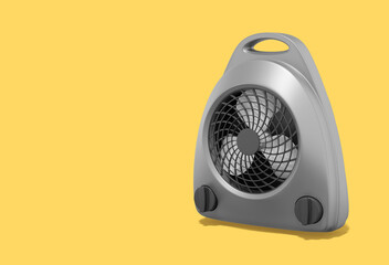 3d rendering. Realistic gray fan heater on yellow background with space for text.