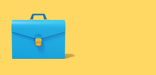 Blue briefcase on yellow background. Front view. Portfolio icon banner with space for text. 3D rendering.