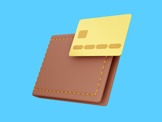 Closed wallet with credit card on blue background. Icon savings, enrichment. Payment concept. 3d rendering.