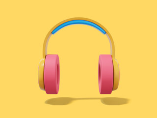 Multicolored headphones on yellow background. Front view. 3d rendering.