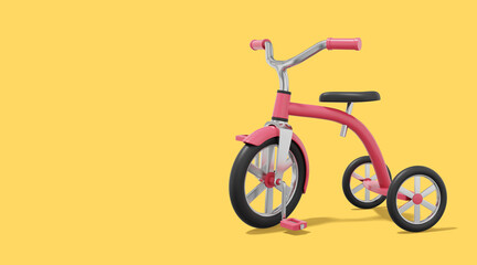 3d rendering. Red tricycle on yellow background with space for text. Vehicle. - obrazy, fototapety, plakaty