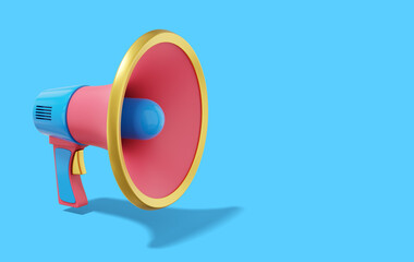 Multicolored megaphone on blue background with space for text. Sound amplification device. 3d rendering.