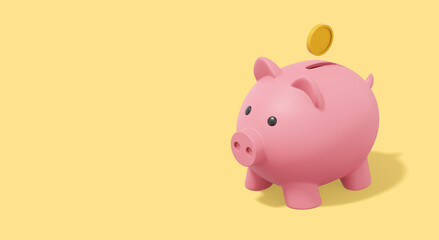 Accumulation of savings icon. Banner, space for text. 3D rendering. Pink piggy bank with falling coins on yellow background.