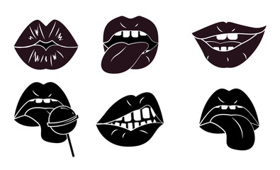 Woman lips pop art retro style set