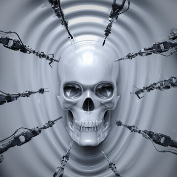 Evil robot creation - 3D illustration of science fiction cyborg skull forming from molten liquid metal