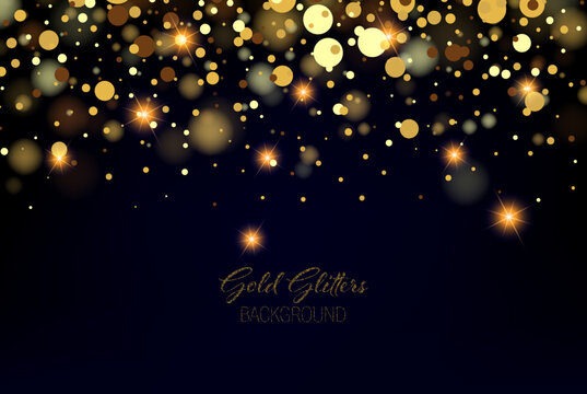 Shiny gold, gold vector dust, gold dust bokeh on black background, festive poster design. Vector luxury background for posters, banners or cards.
