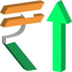 3d symbol of rising indian rupee currency value with green up arrow
