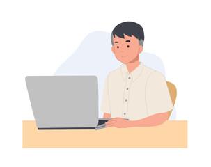 Fototapeta na wymiar students boy sitting with laptop, surf internet, use social media. Flat vector illustration.