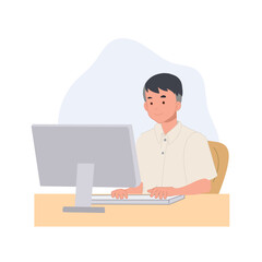 students boy sitting with PC, surf internet, use social media. Flat vector illustration.