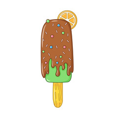 Mint popsicle on a stick with a slice of citrus, chocolate glaze and sprinkles. Dairy cold dessert. Seasonal sweet food. Colored doodle hand drawn Vector illustration isolated on white. Cartoon style