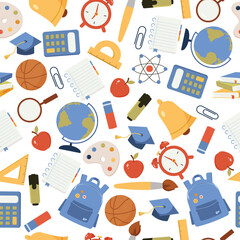 Colorful seamless pattern with school supplies and elements. Back to school background.Colored vector flat illustration