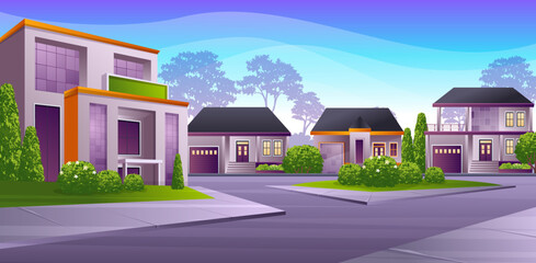 Beautiful residential area in a small town with street, green lawn, bush and trees vector illustration