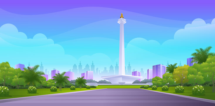 Panoramic landscape of Monas, Indonesian monument with Wide walkway, green lawn, bush and trees vector illustration