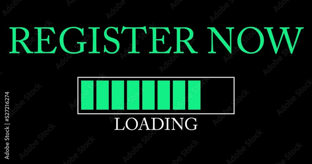 Poster register now text with loading, downloading, uploading bar indicator. download, upload on computer s