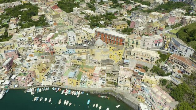 Birds Eye View of Procida, Italy on Hot Summer Day off the Coast of Napoli (Naples)