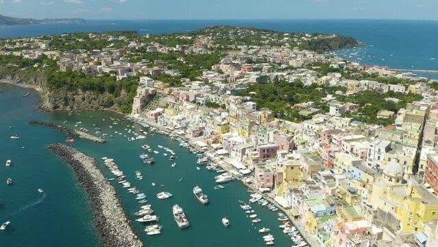 Cinematic Establishing Shot of Procida, a Typical Italian Island Town off the Coast of Napoli