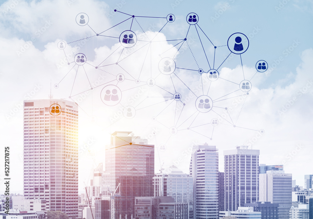 Poster modern city and social net as concept for global networking