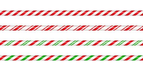Christmas candy cane straight line border with red and green striped. Xmas seamless line with striped candy lollipop pattern. Christmas element. Vector illustration isolated on white background.