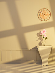 Cosmos flower in glass vase with clock and shadow scene 3D render
