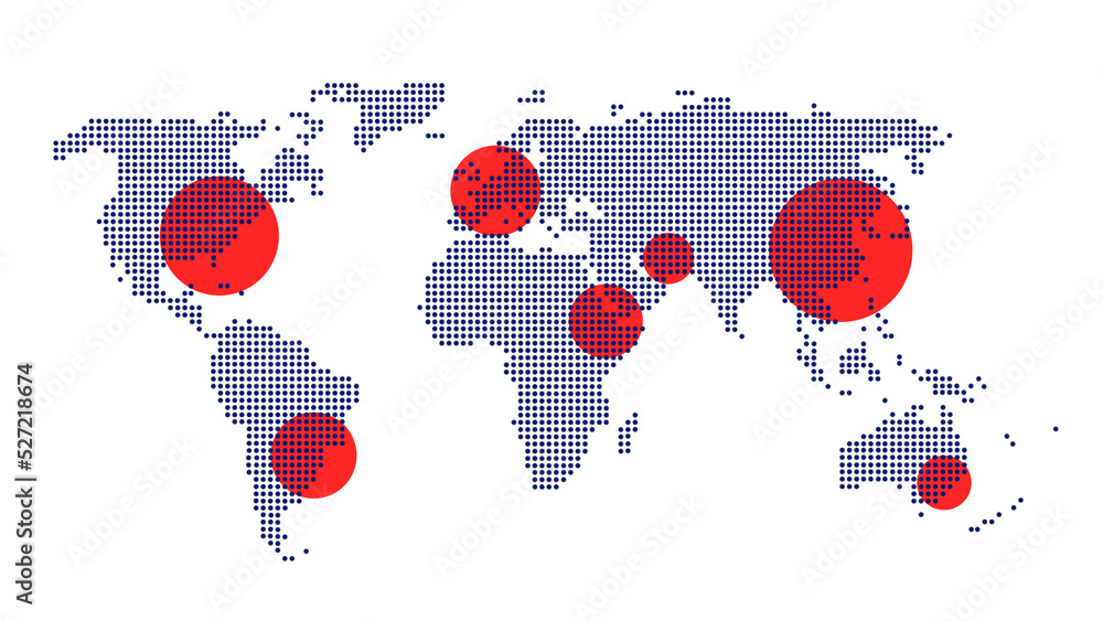 Poster dotted or pixelated halftone dark blue world map with several red round highlighted areas on white. 