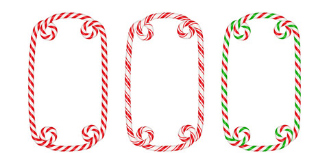 Christmas candy cane rectangle frame with red and white stripe. Xmas border with striped candy lollipop pattern. Blank christmas and new year template. Vector illustration isolated on white background