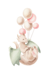 Watercolor dragon with balloons.