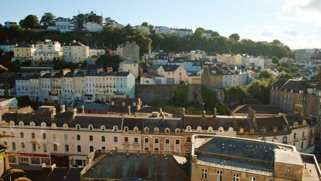 Establishing view of the picturesque seaside resort of Torquay, in Devon, England, UK, one of the most popular summer destinations