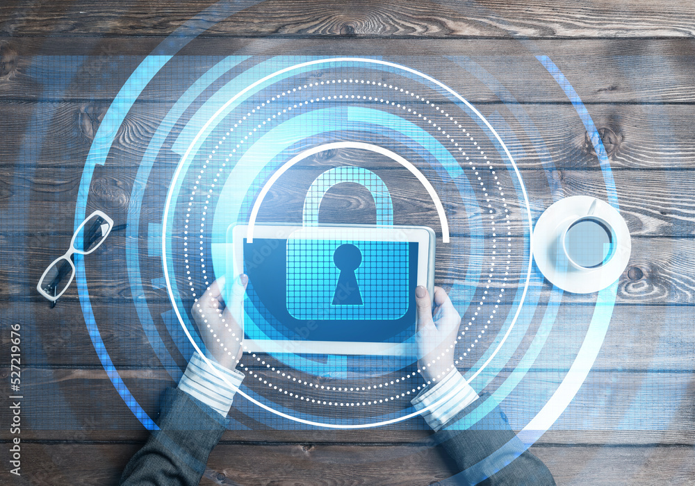 Poster concept of computer access with media lock icon on tablet screen
