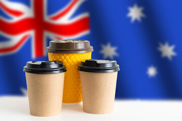 Australia flag with coffee on table