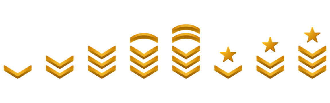 Chevron Stripes Badge Gold Symbol. Military Insignia Soldier Sergeant, General, Major, Officer, Lieutenant, Colonel Patch Emblem. Army Rank Golden Logo. Isolated Vector Illustration