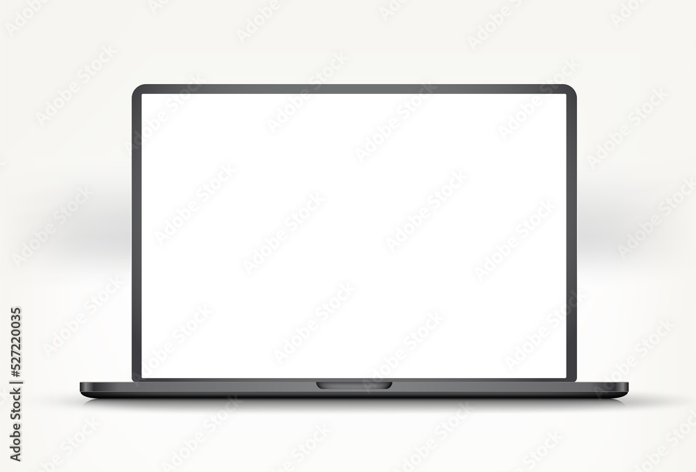 Poster modern black laptop with blank screen. 3d vector mockup for design