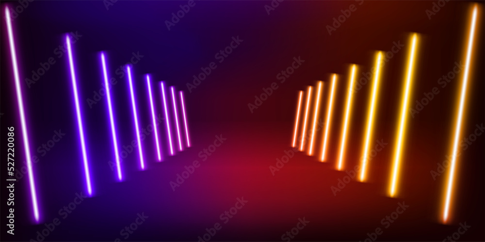 Poster Illuminated interior with empty stage with neon glowing lamps. 3d vector illustration